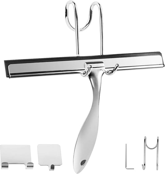 All-Purpose Stainless Steel Shower Squeegee Come with S Hook, 2 Square Sticky Hook 2 Rubber Strips Shower Squeegee for Glass Doors, Windows, Mirrors, Tiles and Car Glass -10 Inches Silver