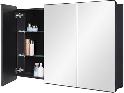 Bathroom Mirror Medicine Cabinet with Round Corner Framed Door 48 x 30 inch, Black，Recessed or Surface Mount, with Adjustable Glass Shelves