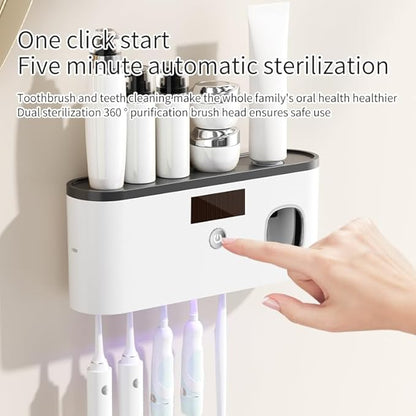 Toothbrush Holders for Bathrooms, Toothbrush Holder Wall Mounted with Toothpaste Dispenser Bathroom Solar Charging and No Drilling Required Tooth Brush Holder with 5 Brush Slots（Gray）