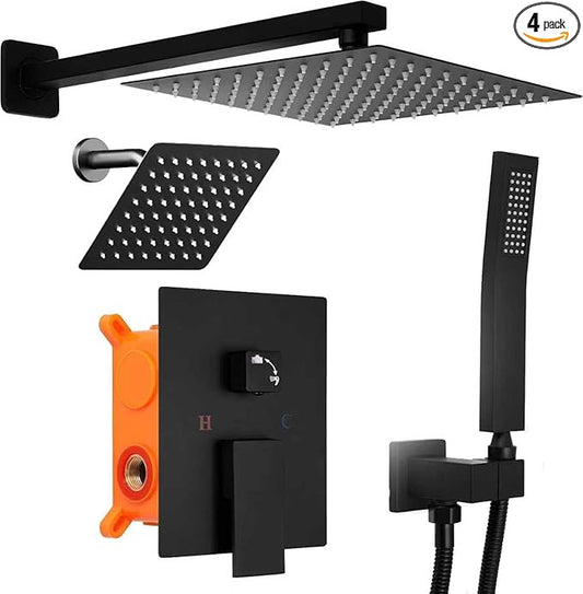 12 Inch Shower Head Set With Valve, Shower Faucet Set With Tub Spout, Rain Shower System, Black Shower Head And Handle Set, Ceiling Mount Shower Trim System