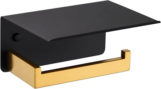 Angle Simple Toilet Paper Holder with Shelf, 304 Stainless Steel Bathroom Tissue Roll Holder for Wall Black and Gold