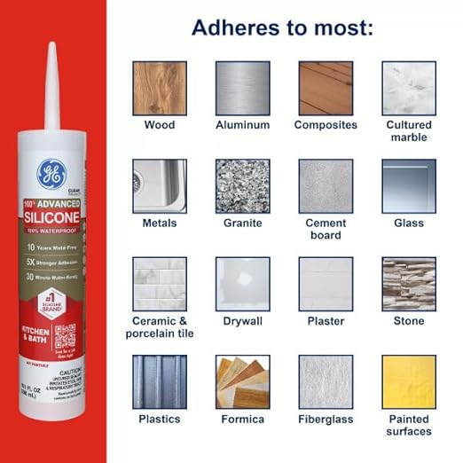 GE Advanced Silicone Caulk for Kitchen & Bathroom, White, 10 fl oz Cartridge, 1 Pack - 100% Waterproof Silicone Sealant, 5X Stronger Adhesion, Shrink & Crack Proof