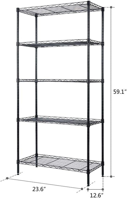 5 Tier Storage Racks Shelving, Heavy Steel Pantry Shelves, Adjustable Wire Shelving Rack, Suitable for Garage, Kitchen, Bathroom, Office, 24" W x 13" D x 59" H, Black