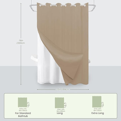 Inhousolu No Hook Waffle Weave Shower Curtain with Removable Snap in Fabric Liner Set for Bathroom, 230 GSM Heavy Duty Weighted Hem, Water Repellent Washable Bath Curtains, 72 x 78 Inch, Beige