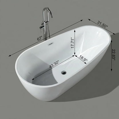 67 Inch Acrylic Freestanding Bathtub, Acrylic Soaking Bathtub with Matte Drain and Overflow, Modern Square Tub, cUPC Certified, Deep Ergonomic Design, Double-Walled Insulation, Easy Installation