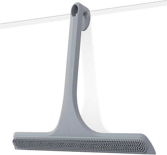 2-in-1 Silicone Shower Squeegee with Hook,Dual-Sided Design with Scraper & Scrub Surface,Rust-Proof Stainless Core,Streak-Free Bathroom Squeegee for Glass Doors,Mirrors,Windows,Car Windshields (Gray)