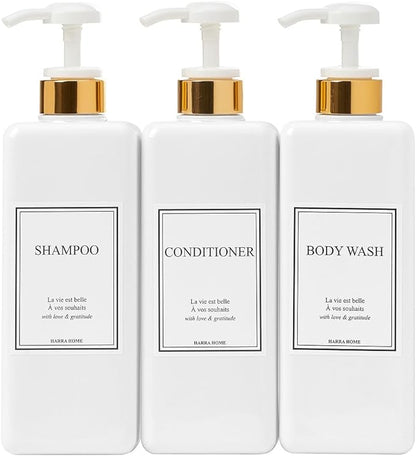 Modern Gold Design Shampoo and Conditioner Dispenser, Large 27oz Shower Soap Dispenser, Set of 3 Refillable Empty Plastic Pump Bottles for Bathroom and Body Wash (6 Waterproof Labels Included), White