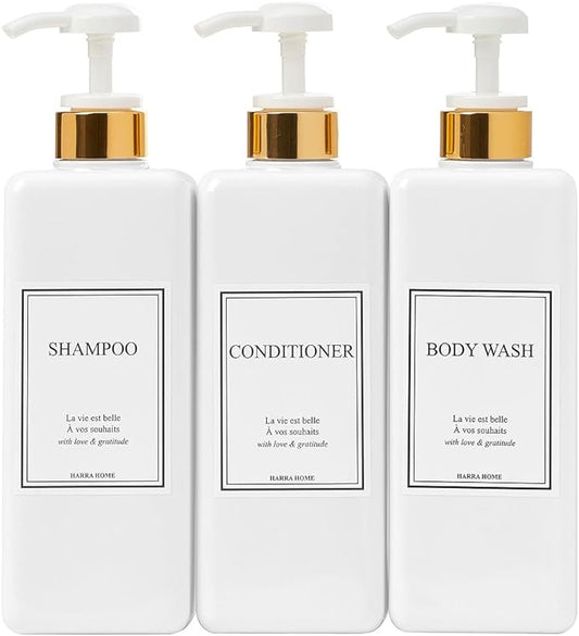 Modern Gold Design Shampoo and Conditioner Dispenser, Large 27oz Shower Soap Dispenser, Set of 3 Refillable Empty Plastic Pump Bottles for Bathroom and Body Wash (6 Waterproof Labels Included), White