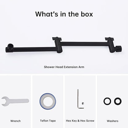 G-Promise 16 Inch Shower Head Extension Arm, Solid Brass Height & Angle Adjustable Extender, Rise or Lower Rainfall and Fixed Shower Head (Matte Black)