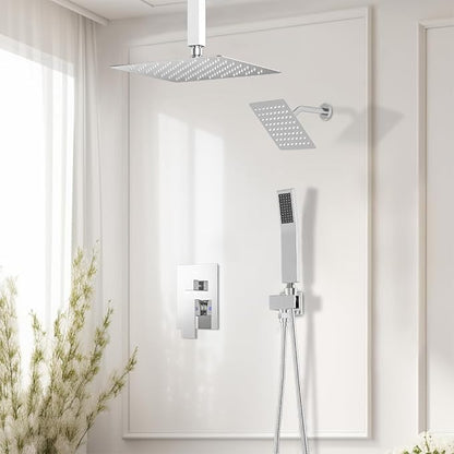 Shower Faucet Set Shower Systems, STARBATH 3 Way Shower Faucet with 2 in 1 Handheld, Ceiling Mount 12+6" Dual Rain Shower Head for Two People (6"+12" Rain Shower with Handheld, Chrome)