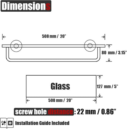 JQK Bathroom Glass Shelf Polished Chome, Shelf with 19 Inch Towel Bar Tempered Glass Shower Storage 20 by 5 inches, 304 Stainless Steel Silver Finish Wall Mount, TGS100L20-CH