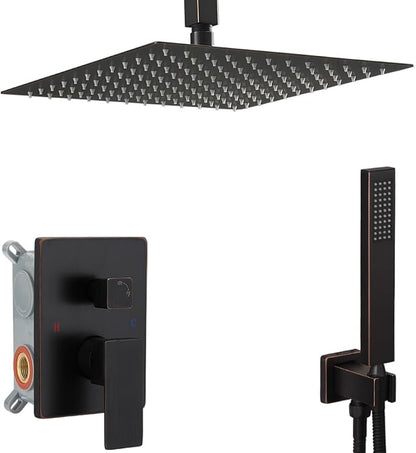 16 Inch Oil Rubbed Bronze Ceiling Mount Shower System Bathroom Luxury Rain Mixer Shower Combo Set Ceiling Rainfall Shower Head System Faucet Contain Rough-in Valve and Trim Included