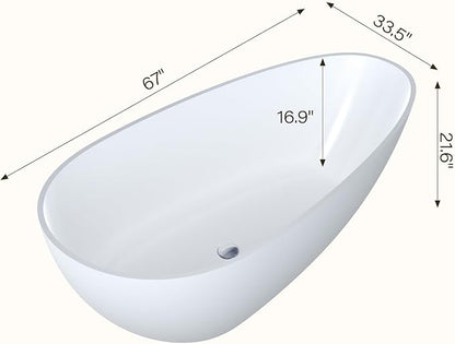 GarveeLife Freestanding Solid Surface Bathtub 67 Inch – Matte White Deep Soaking Tub, Contemporary Stone Stand Alone Bathtub with Smooth Ergonomic Design for Luxury Bathroom
