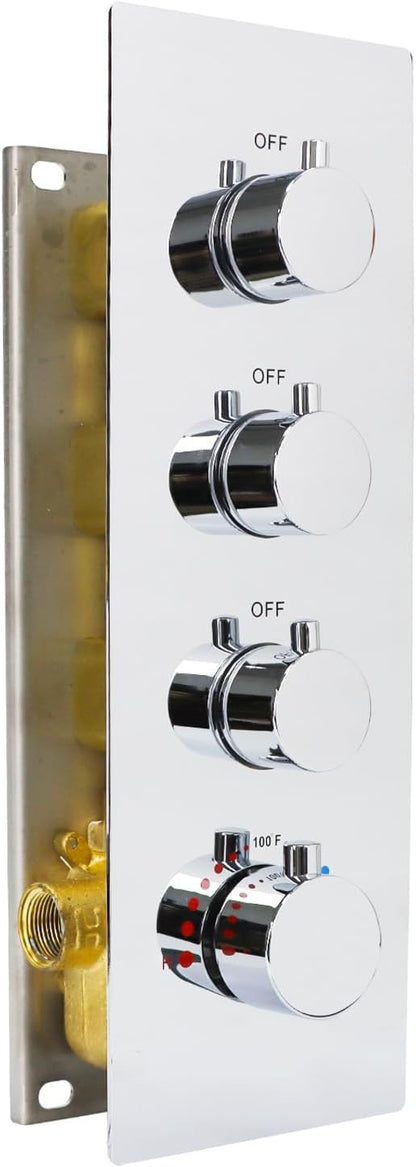 HOMEDEC 3-way Brass Thermostatic Shower Diverter, 4 Handle Flow Control Valve, 3/4 inch Inlet can Run Simultaneously, Chrome