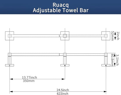 RUACQ Adjustable Towel Bar 13.8 to 24 inch,Square Base Single Towel Racks for Bathroom,Stainless Steel Towel Holder Wall Mounted,Sturdy and Rustproof(Brushed Nickel)