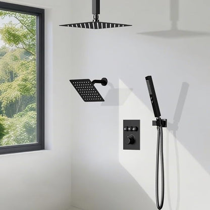 Shower Faucet Set Matte Black Shower System,12" Ceiling Rainfall and 6" Wall Mount Rain Shower with 2 in 1 Handhled, Can Use All at Once, Thermostatic Shower Set with Valve and Trim Kit