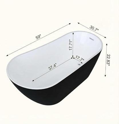 Bathtub with Upturned Ends, CUPC Chrome Drain and Overflow, White Interior and Black Exterior, Built-in Overflow, Fiber-Coated Fixing Bracket