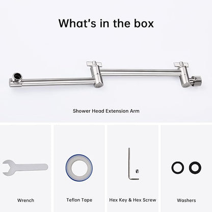 G-Promise 16 Inch Shower Head Extension Arm, Solid Brass Height & Angle Adjustable Extender, Rise or Lower Rainfall and Fixed Shower Head (Brushed Nickel)
