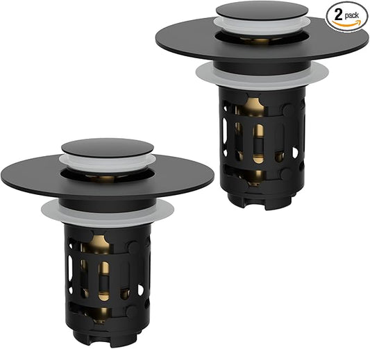 Hibbent 2 Pack 3 in 1 Bathroom Sink Drain Strainer, Universal Pop Up Stopper with Removable Stainless Steel Filter Basket Hair Catcher, Sink Plug for 1.1''~2.36'' Basin, Brass Bullet Core, Matte Black