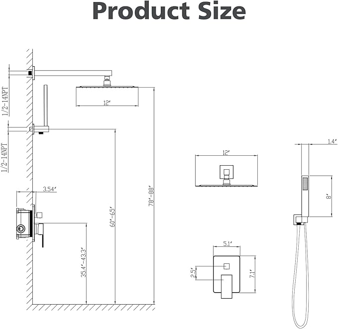 Gabrylly Shower System Black, Rainfall Shower Faucet Set Complete, 12" High-Pressure Stainless Steel Rain Showerhead with handheld Shower Spray Combo, 2 Way Valve Included, Matte Black