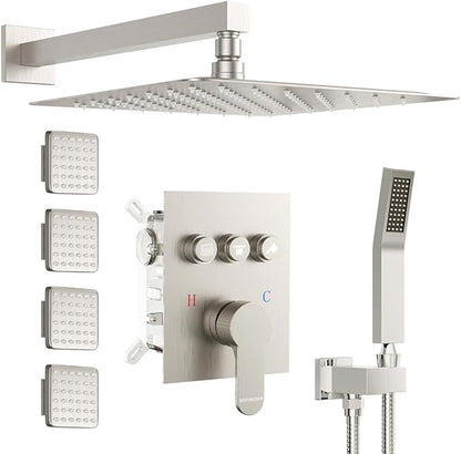 Shower System with Body Jets, Bostingner Shower Faucet Set 12" Rain Shower Head with Handheld Spray, Can Use at Same Time, 3 Way Push Button Diverter Shower Set Complete, Brushed Nickel