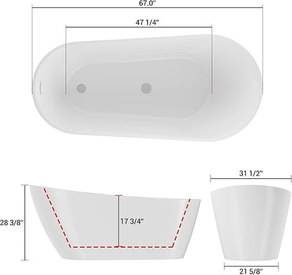 67 Inch Acrylic Freestanding Bathtub, Bathtub with Matte Drain and Overflow, Modern Square Tub with Deep Ergonomic Design and Double-Walled Insulation, Double-Walled Insulation, cUPC Certified
