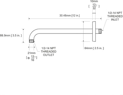 OFFO Shower Arm with Flange, 12 in Bright Gold Wall Mount Replacement Angle Shower Head Arm Wall-Mounted For Fixed Shower Head & Handheld Showerhead