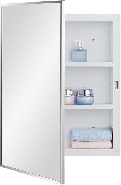 Plastic Bathroom Medicine Cabinet with Framed Mirror 16 x 22 inch, Surface and Recessed Mount
