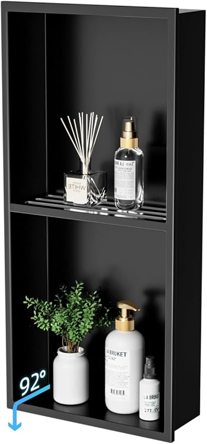 No Tile Needed Shower Niche - 12.75"x24.75"(Inner Size 12"X24") 304 Stainless Steel Recessed Bathroom Shelf, 2-Tier Waterproof Organizer Over Mount Cabinet for Shower Storage, Matte Black
