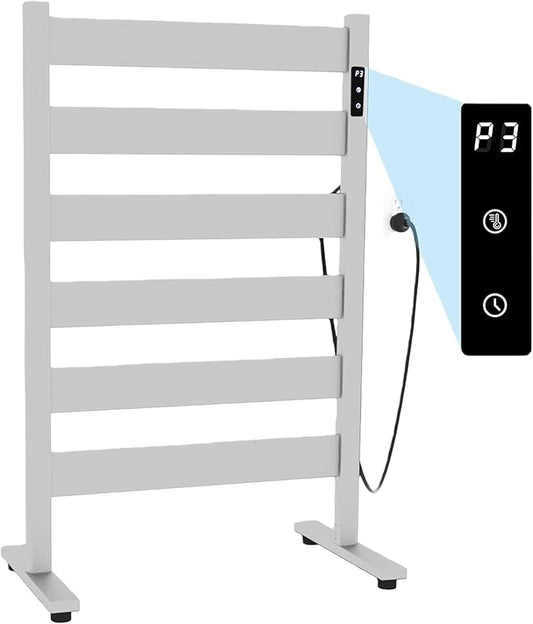 Heated Towel Racks for Bathroom,Freestanding Towel Warmer,6 Bars Towel Heater-PTC Fast Heating with Built-in Timer&Temperature Adjustment,Matte White