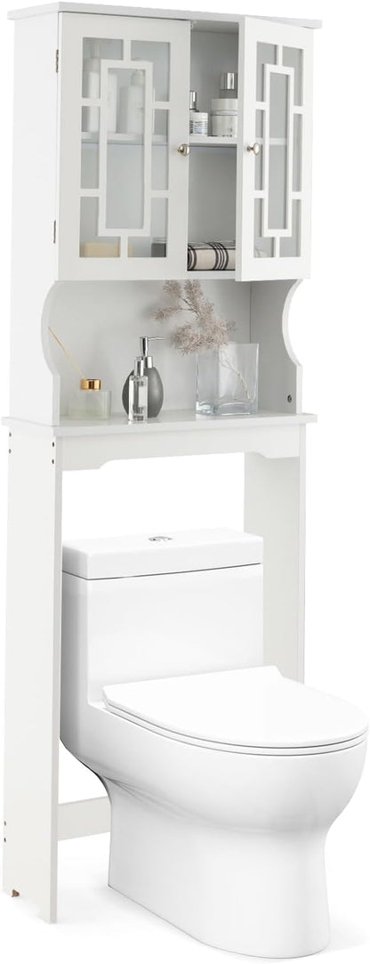 COSTWAY Over The Toilet Storage Cabinet, Bathroom Shelf Over Toilet, Double Door Bathroom Storage Cabinet Organizer with Adjustable Shelf, Open Shelf (White)