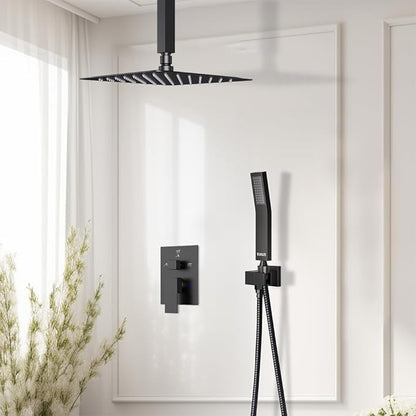 Shower Faucet Set Matte Black Shower System, Starbath 10" Rain Shower Head and Handheld Spray Shower Set Complete Ceiling Mounted,2 Way Pressure Balance Shower Valve and Trim Kit Included