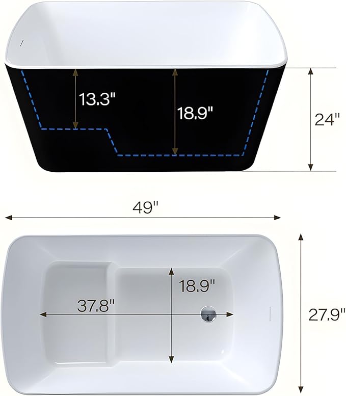 49" Freestanding Bathtub, Acrylic Sit-In Soaking Tub with Chrome Drain & Overflow, Glossy White Modern Design, Compact Space-Saving Bath for Bathrooms