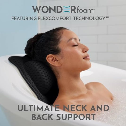 WONDERfoam Thick Padded Ergonomic Bath Pillow for Tub, Bathtub Headrest Neck and Back Support, Strong Suction Cups, Machine Washable Breathable Mesh Quick Dry Pillows, Luxury Spa Accessories, Black