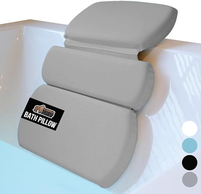GORILLA GRIP Bath Pillow for Tub, Improved Suction Cups, Luxury Bathtub Pillows, Headrest for Neck and Back Support, Relaxing Home Spa, Hot Tubs and Bathroom Essentials, Gifts for Women, 3 Panel Gray