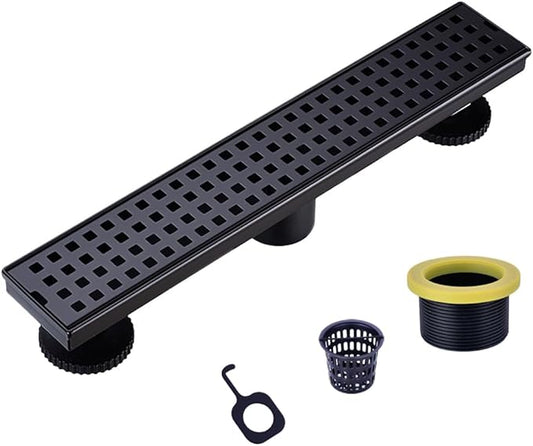 16 Inch Linear Bathroom Shower Rectangular Floor Drain,New Type with Removable Cover Grid Grate, Adjustable Leveling Feet Hair Strainer, SUS304 Stainless Steel,Black
