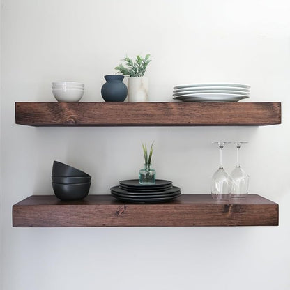 Urbandi Modern Floating Shelves 3 Inches Thick for Wall, Wide Shelves for Kitchen, Living Room, Bedroom, and Bathroom, Natural Pine Wood, Rustic Wooden Shelf, (Set of 2) (Provincial, 36Lx3Hx8D)
