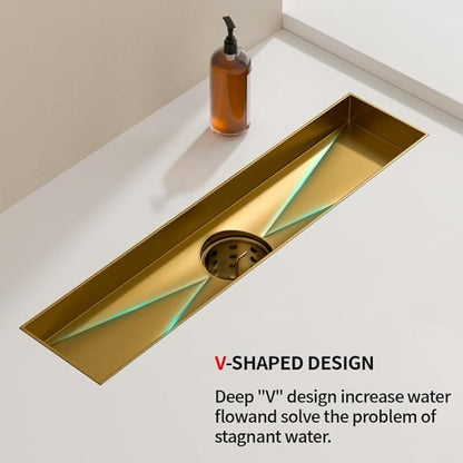 Linear Shower Drain, 304 Stainless Steel with Adjustable Leveling Feet, Hair Strainer,Reversely Install Place to Create an Invisible Floor Drain - Gold -12-Inch