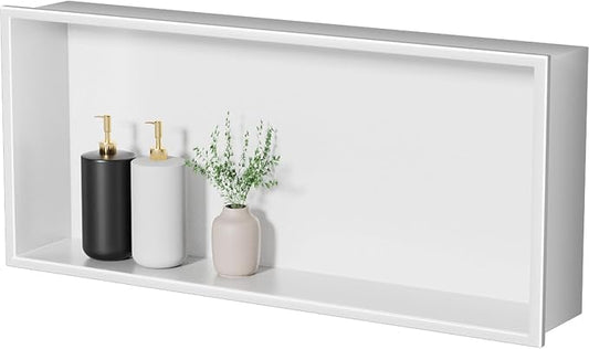 No Tile Needed Shower Niche - 12"x24" White 304 Stainless Steel Recessed Shelf,Over Mount Installation for Bathroom & Shower Wall,Waterproof