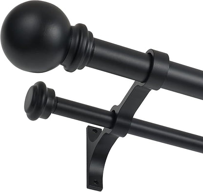 Double Curtain Rod 28 to 48 inch, Adjustable 1 inch Double Drapery Rod Rods for Windows and Doors with Ball Round Finials and Premium Aluminum Brackets Set (28-48",Matte Black)