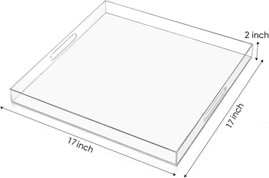 17×17 inches Oversized Clear Acrylic Ottoman Tray Extra Large Decorative Tray Spill-Proof Serving Trays with Handles King-Size Safe Edge Organizer for Coffee Table Countertop Breakfast