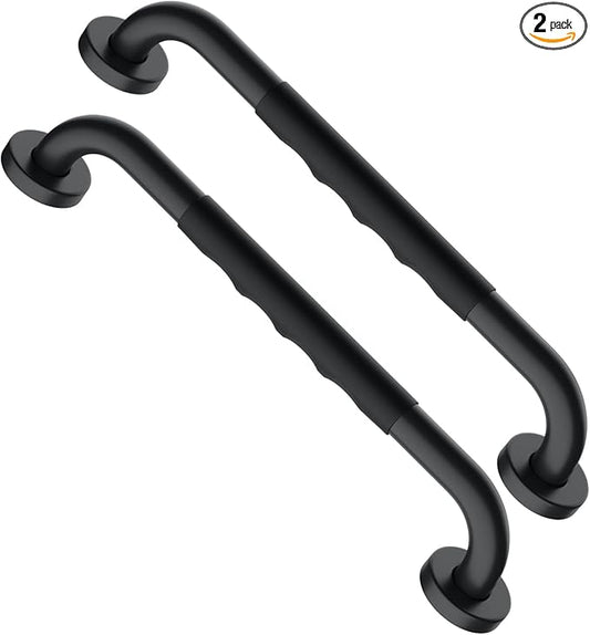 16 Inch Black Shower Grab Bar w/Anti Slip Rubber Grip, Munzong 2 Pack Stainless Steel Bathroom Grab Bar, Bathroom Balance Bar,Safety Handrail Support,Handicap Injury Elderly Senior Assist Bath Handle