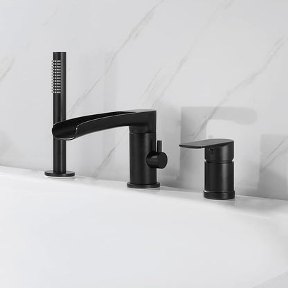TapLong Waterfall Roman Tub Faucet with Hand Shower, Widespread Deck Mount Bathtub Faucet with Sprayer, Single-Handle 3-Holes Bathtub Shower Faucet Set in Matte Black, 03119B