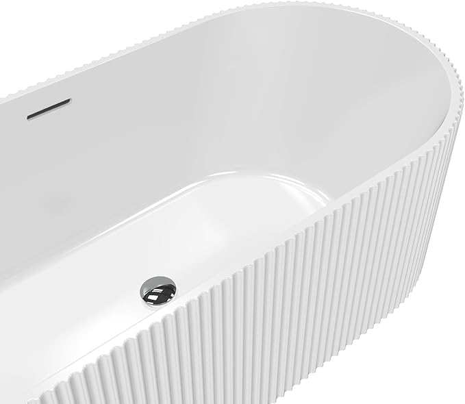 67" Free Standing Tub, Acrylic Soaking Bathtub, Stand Alone Freestanding Tub with Matte Sliver Drain and Overflow, Contemporary Bathtub for Bathroom, Pleated Gloss White