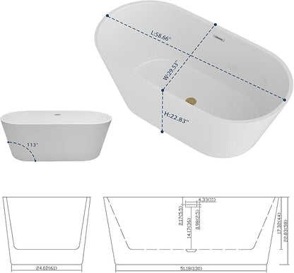 Sarlai 59 Inch Acrylic Freestanding Soaking Bathtub Contemporary Soaking White Tub Stand Alone Ergonomic Bathtub with Gold Drain