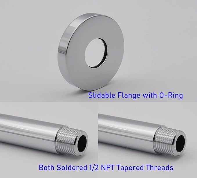 Aquaiaw Shower Arm and O-Ring Flange, 3 inch, Solid Brass, Round, Both Soldered 1/2 NPT Tapered Threads, Straight Shower Arm Extension, Ceiling Shower Head Arm for Rainfall Shower (Polished Chrome)