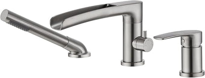Waterfall Roman Tub Faucet Brushed Nickel Deck Mount Bathtub Faucets Brass Tub Filler Bathroom Faucets with Hand Shower