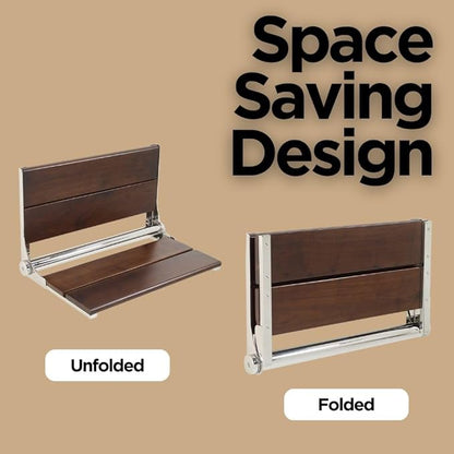 Folding Shower Seat Wall Mounted with Back | 500 lbs Maximum Load Capacity | ADA Compliant Safety Assist Teak Shower Seat for Seniors, Handicapped, and Children | 304 Stainless Steel Frame | 18” x 16”