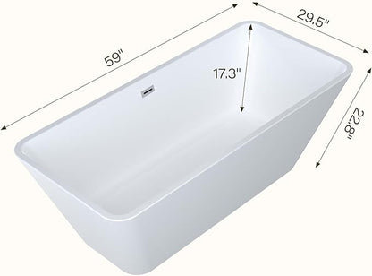 59" Freestanding Bathtub, Acrylic Soaking Tub, Chrome Overflow & Drain, Easy Installation for Modern Bathroom, White
