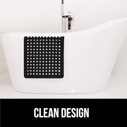 GORILLA GRIP Patented Bath Tub Shower Mat, Machine Washable Bathtub Floor Liner Mats, Suction Cups and Drain Holes to Keep Tubs Clean, Soft on Feet, Bathroom Essentials, 35x16 Inch, Black